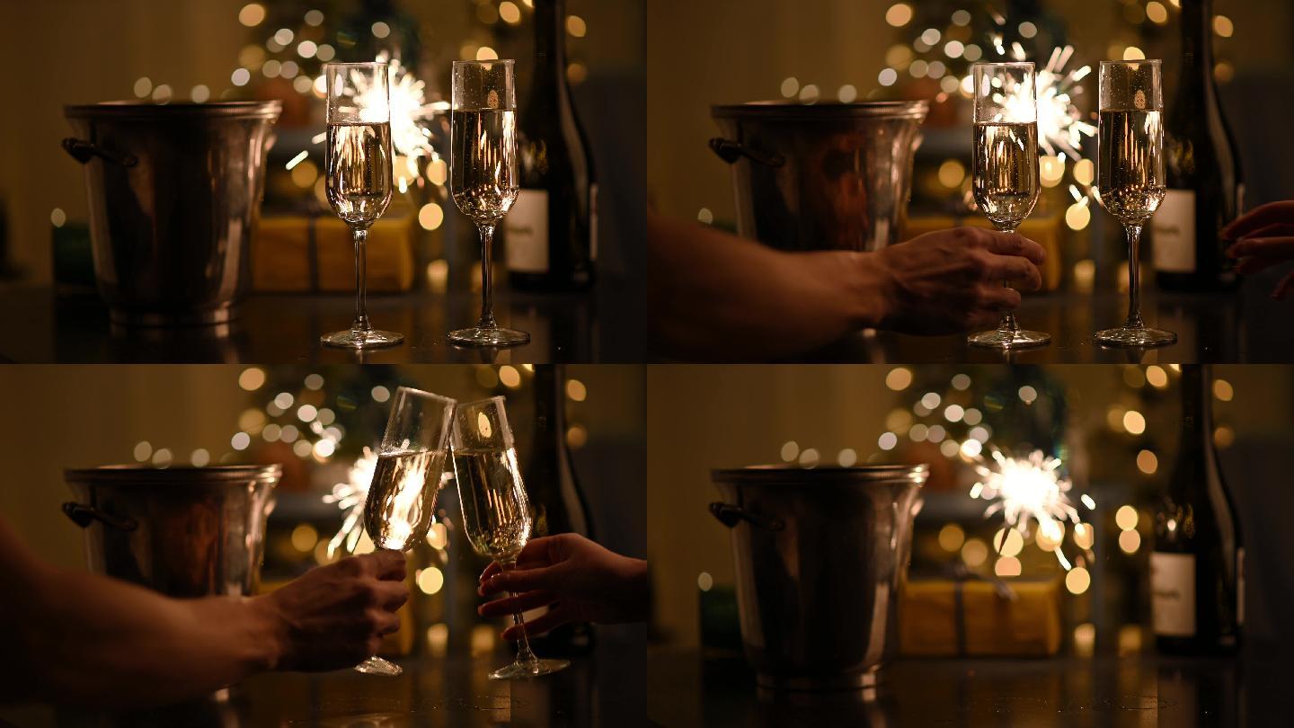香槟酒杯碰杯浪漫火花-烟花圣诞节