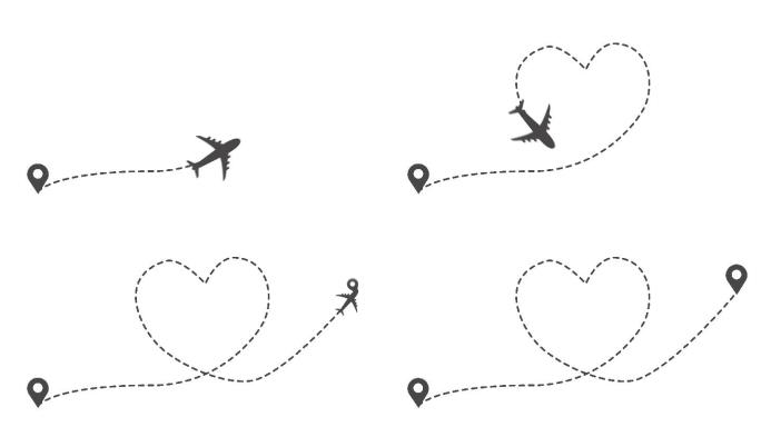 客机和心脏标志标签的一条虚线图动画