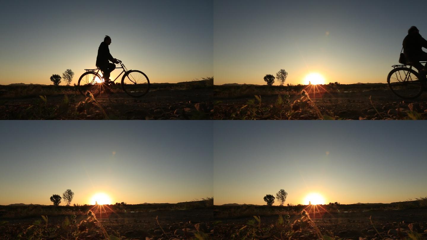 夕阳下骑自行车的乡村干部