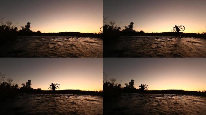 夕阳下干部趟河过河