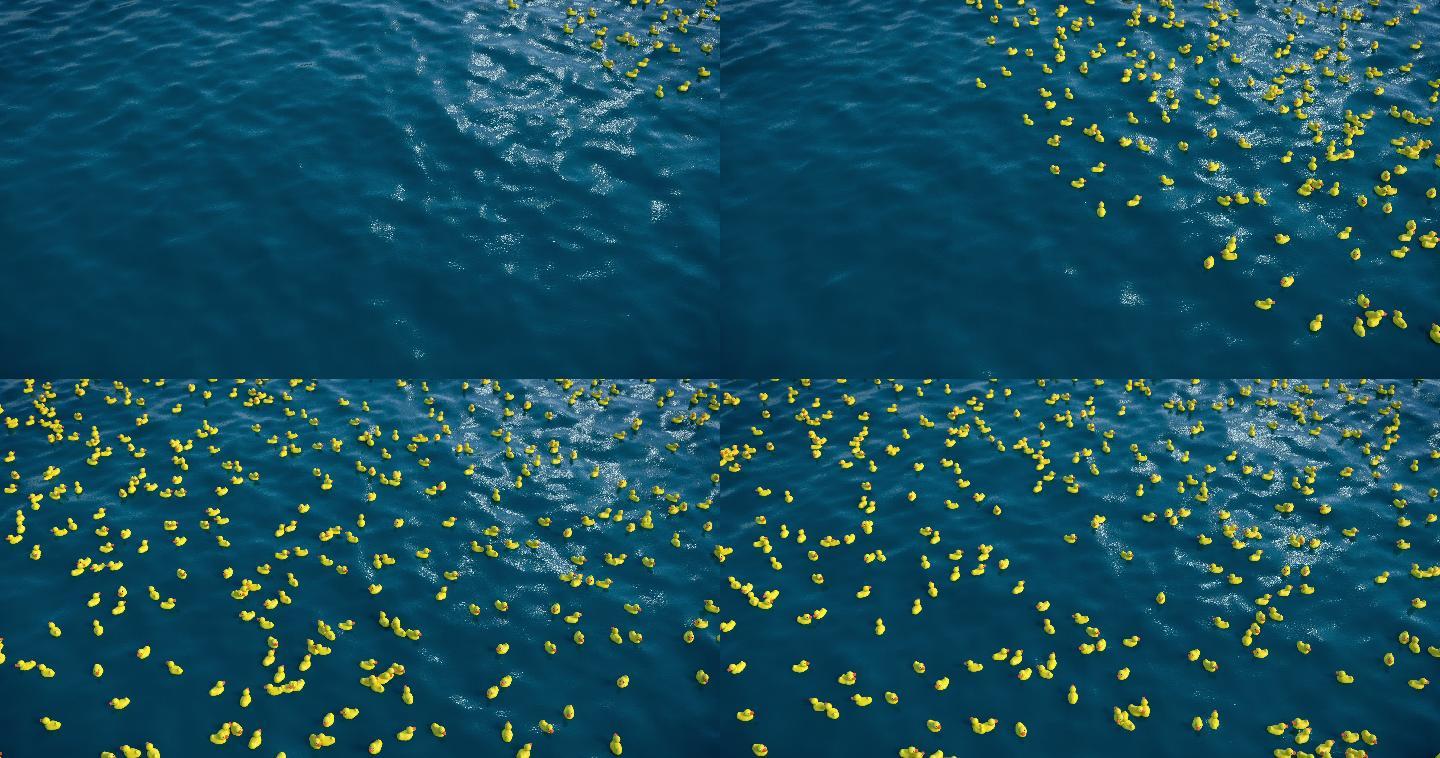海洋中的数千只橡皮鸭，3D动画