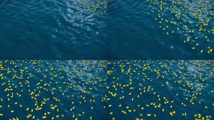 海洋中的数千只橡皮鸭，3D动画