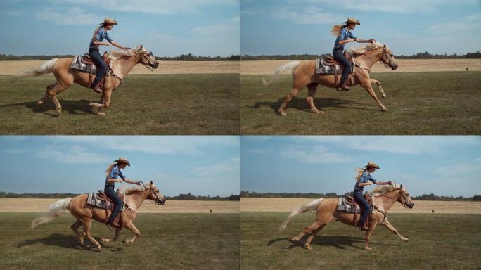 女子骑马超慢动作奔跑前行马场牧场广告空镜
