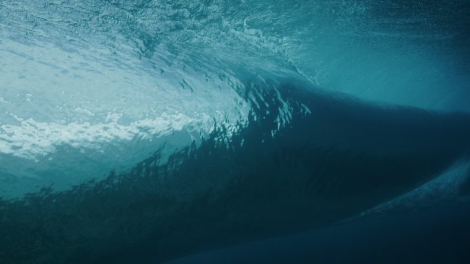 清晰蓝色桶形波海浪水底波涛