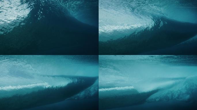 清晰蓝色桶形波海浪水底波涛