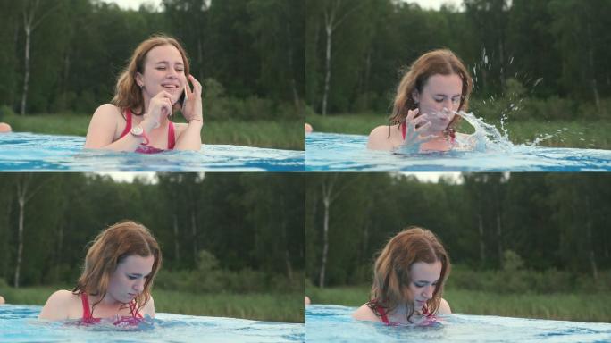 在游泳池里打电话的女孩