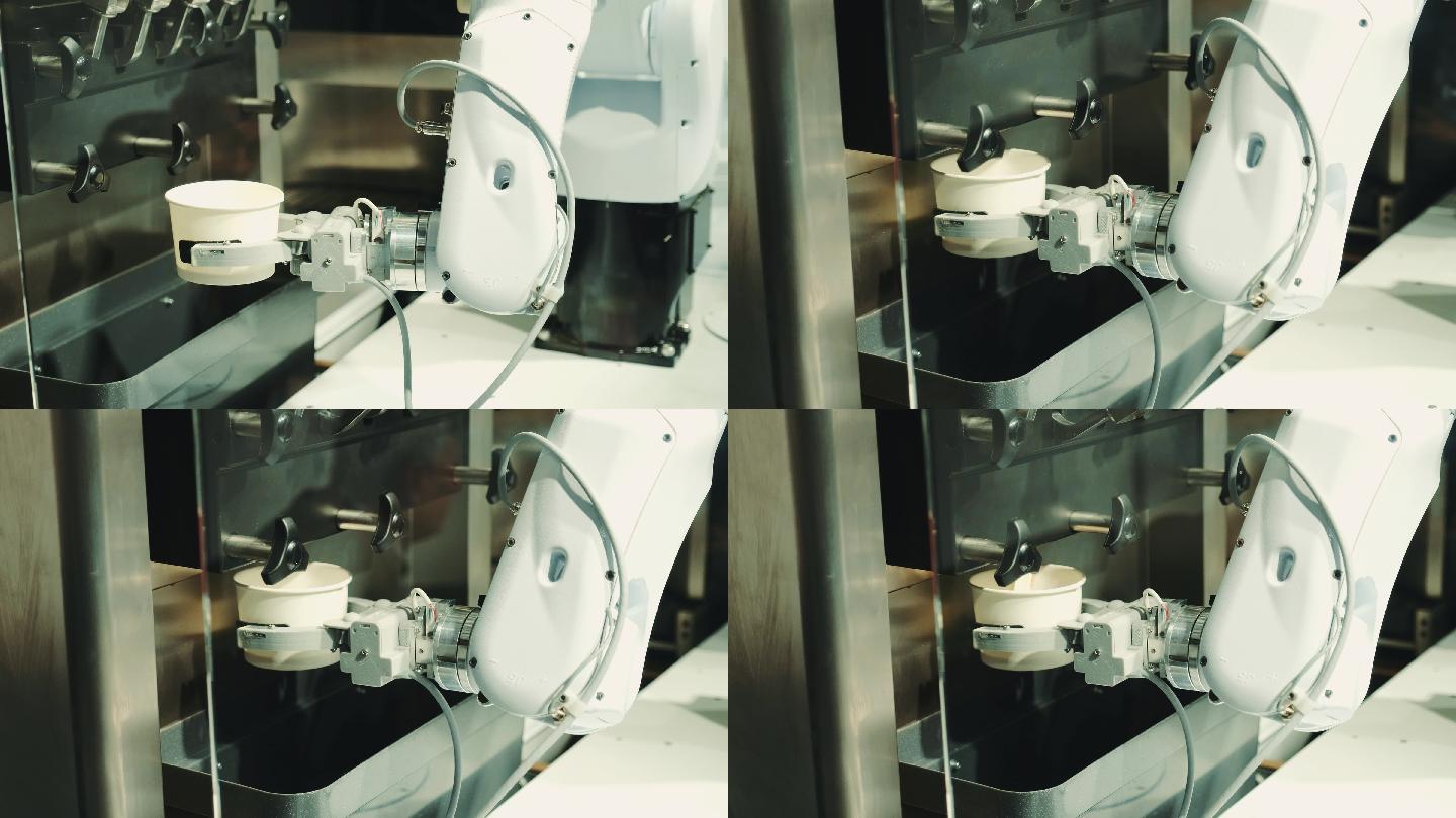 人工智能机器人在咖啡机上煮咖啡