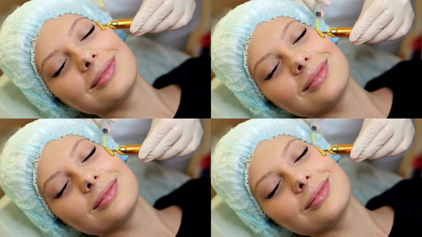 美容师在女孩脸上注射肉毒杆菌素。