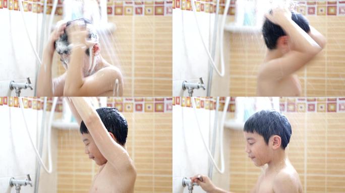 男孩在浴室洗头