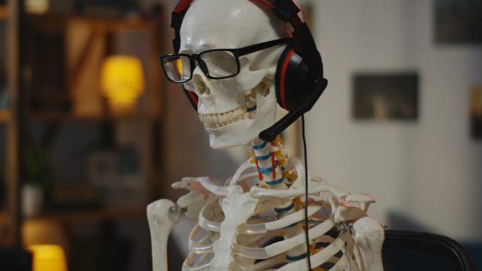 戴着耳机坐在电脑前的骨架