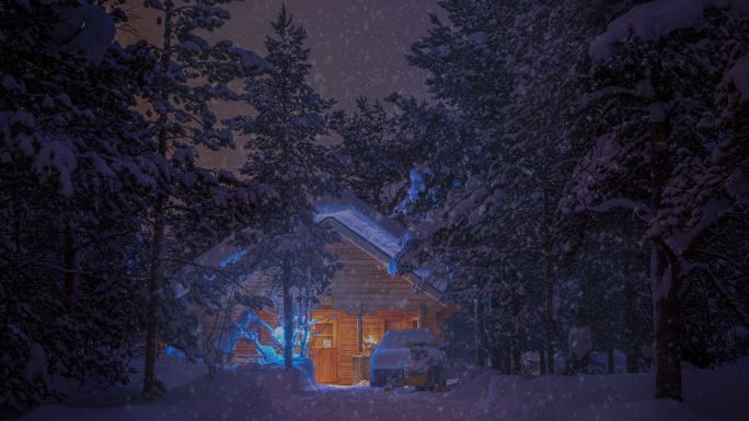 夜晚下雪时森林中的房子。