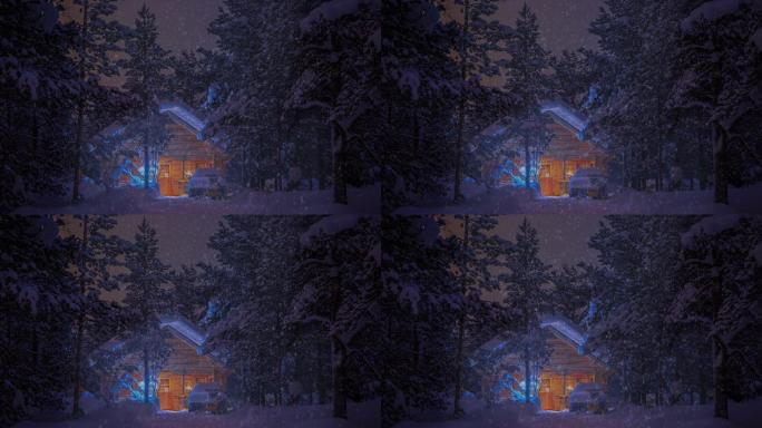 夜晚下雪时森林中的房子。