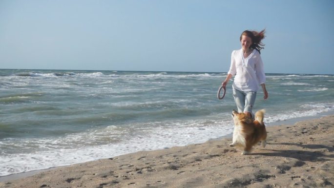 年轻的微笑女孩，带着狗狗在海边奔跑
