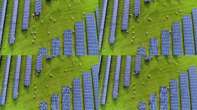 蓝色太阳能电池板成排的鸟瞰图