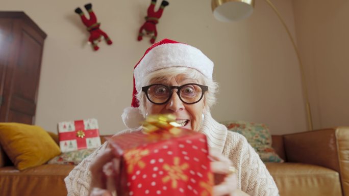 戴着圣诞帽的滑稽奶奶在电话会议上讲话。