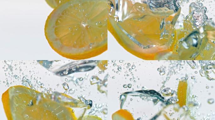 柠檬片掉入水中时产生气泡