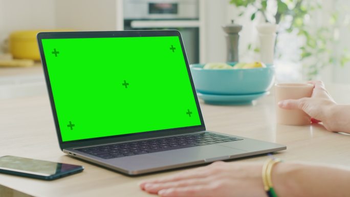 笔记本电脑上的绿色屏幕特写模型。
