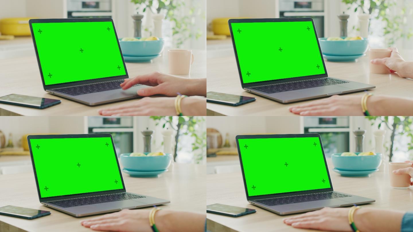 笔记本电脑上的绿色屏幕特写模型。