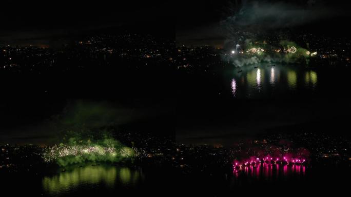 湖边焰火表演火-自然现象色彩河流
