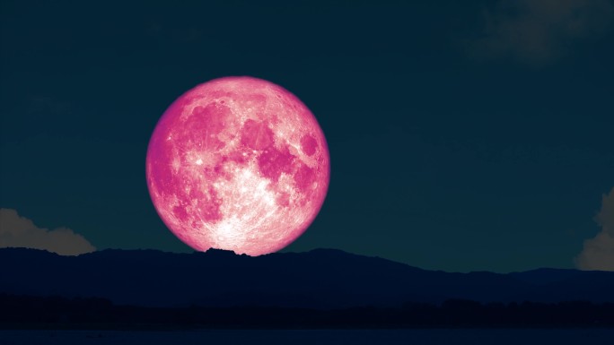 粉色月亮升起在夜空中
