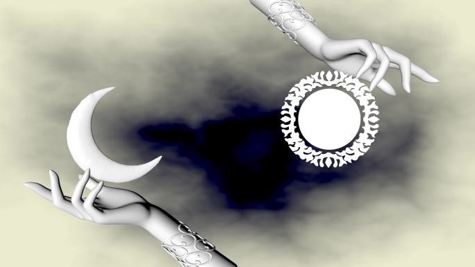 太阳和月亮在女人的手中。三维渲染