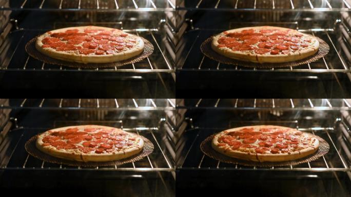 在烤箱中烹饪意大利香肠比萨