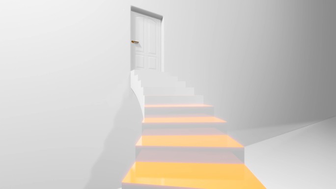 金色台阶的白色楼梯，通向绿色屏幕的门