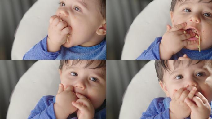 婴儿吃意大利面宝宝进食记录活泼可爱儿童家