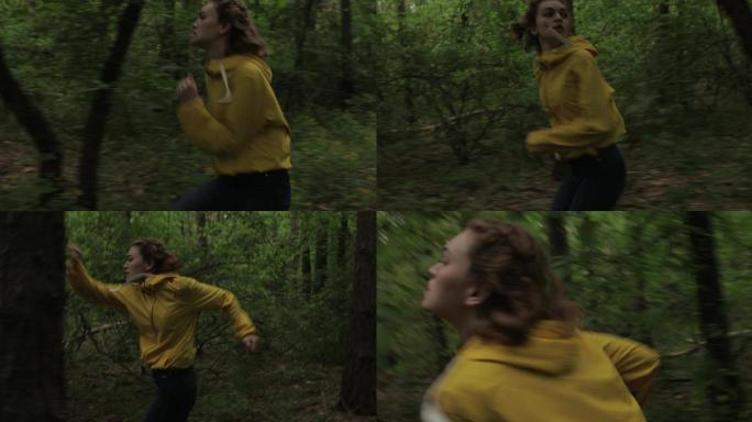 害怕的女人在森林里奔跑