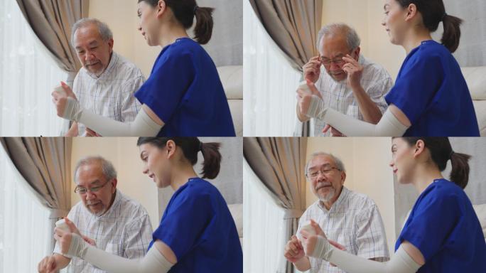 老年男性患者在疗养院与内科护士交谈