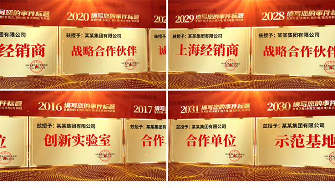 红金色边框奖状证书荣誉墙展示AE模板