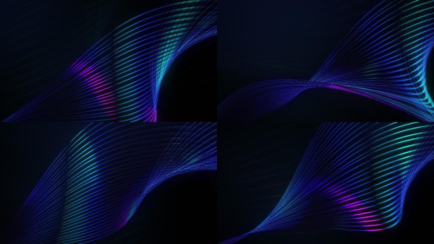 蓝色/紫色彩色抽象字符串在黑色背景上移动