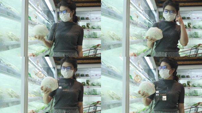 带口罩的女人在超市购物