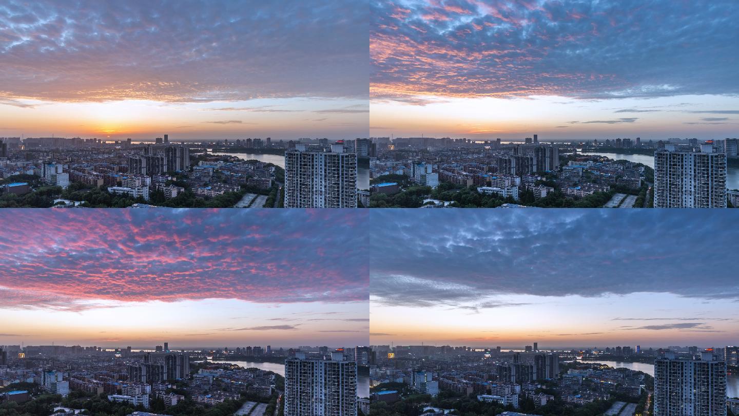 晚霞天空下的九江城市景观延时