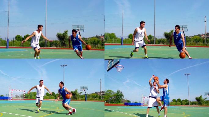 两名篮球运动员练习运球、跳投和拦网