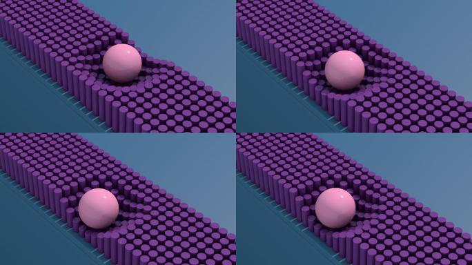 紫色圆柱体上的滚动球。