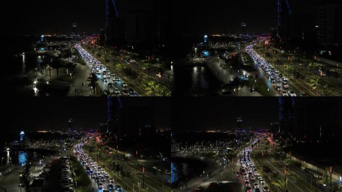 夜间街道交通堵塞鸟瞰图