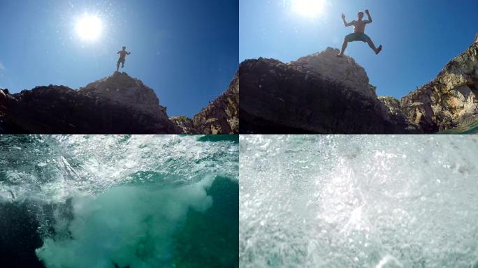男子从高高的海洋悬崖跳入水中