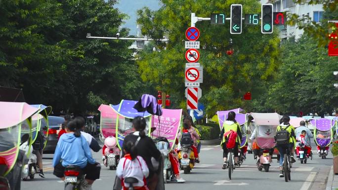 川流拥挤自行车人行道红绿灯街道