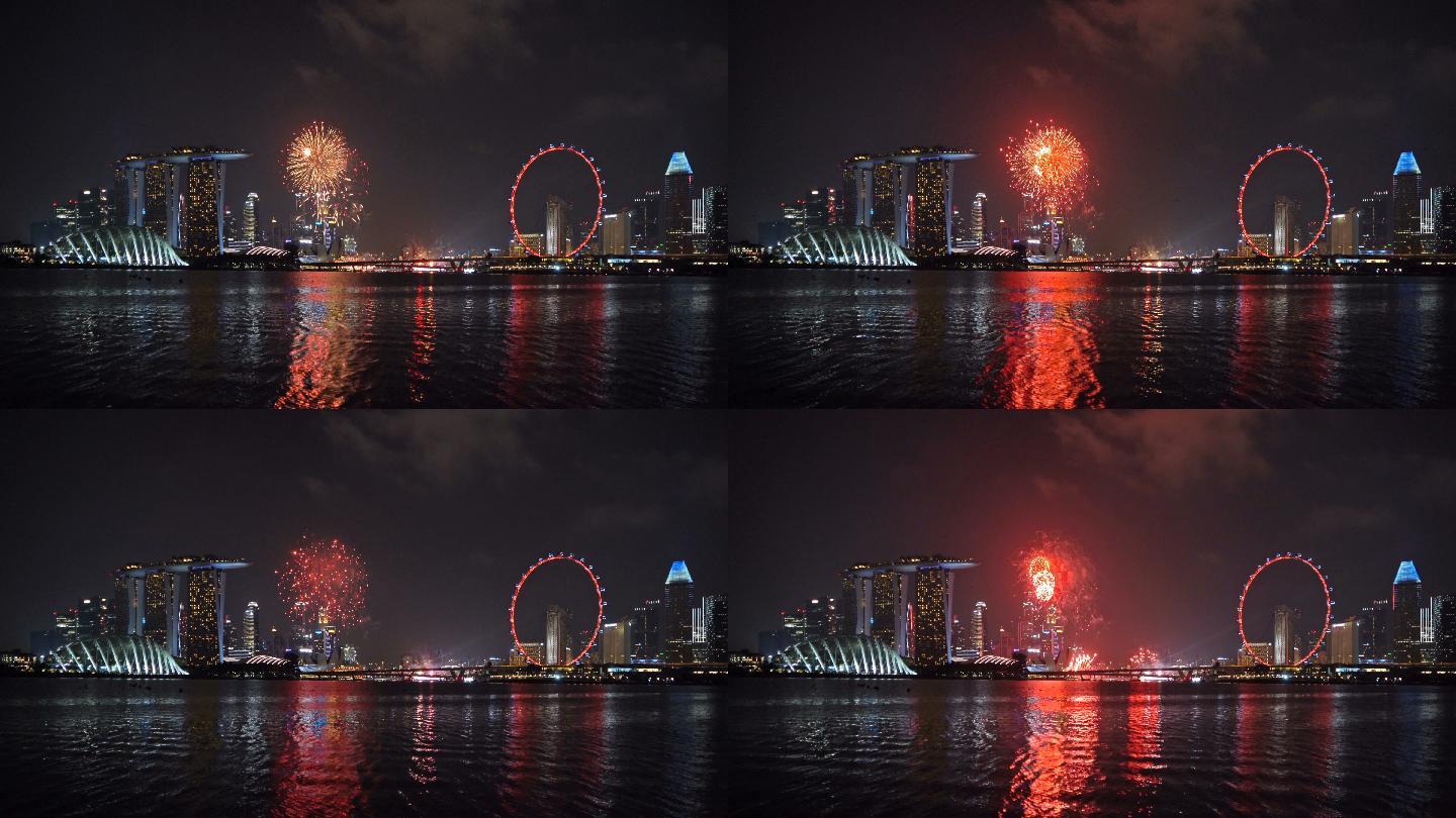 晚上，新加坡国庆节的焰火