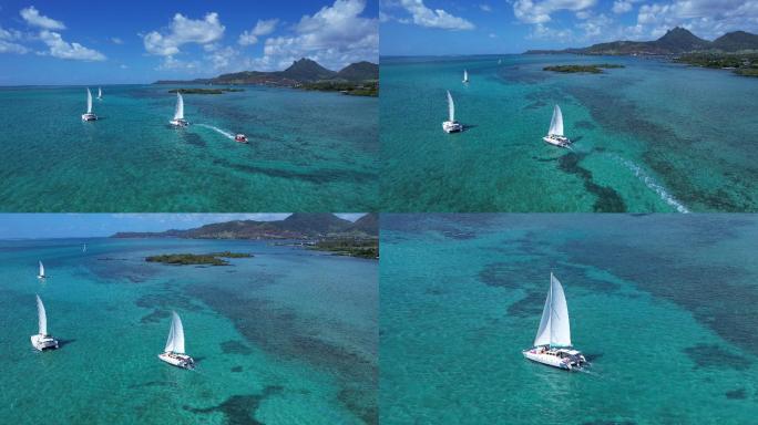 碧海蓝天白色帆船的旅行风光航拍素材（八）