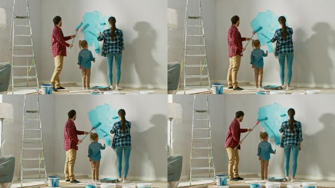 粉刷墙壁的欢乐家庭