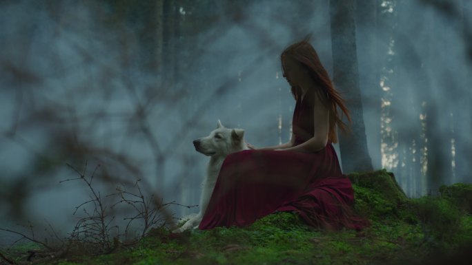 带着狗的女孩坐在雾蒙蒙的森林里。