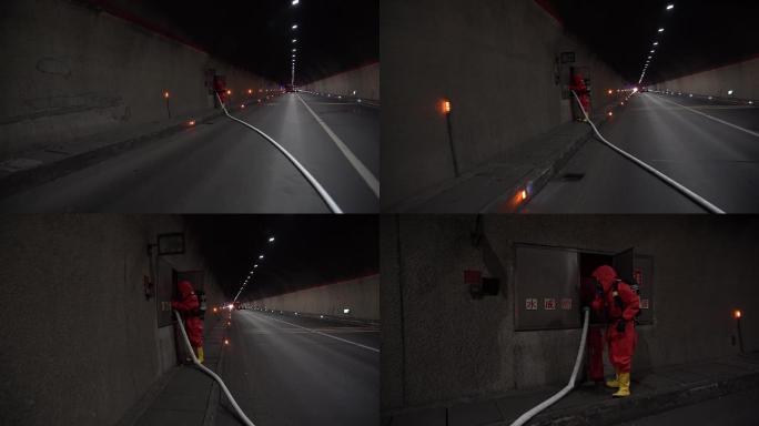 高速公路隧道消防员打开消防栓