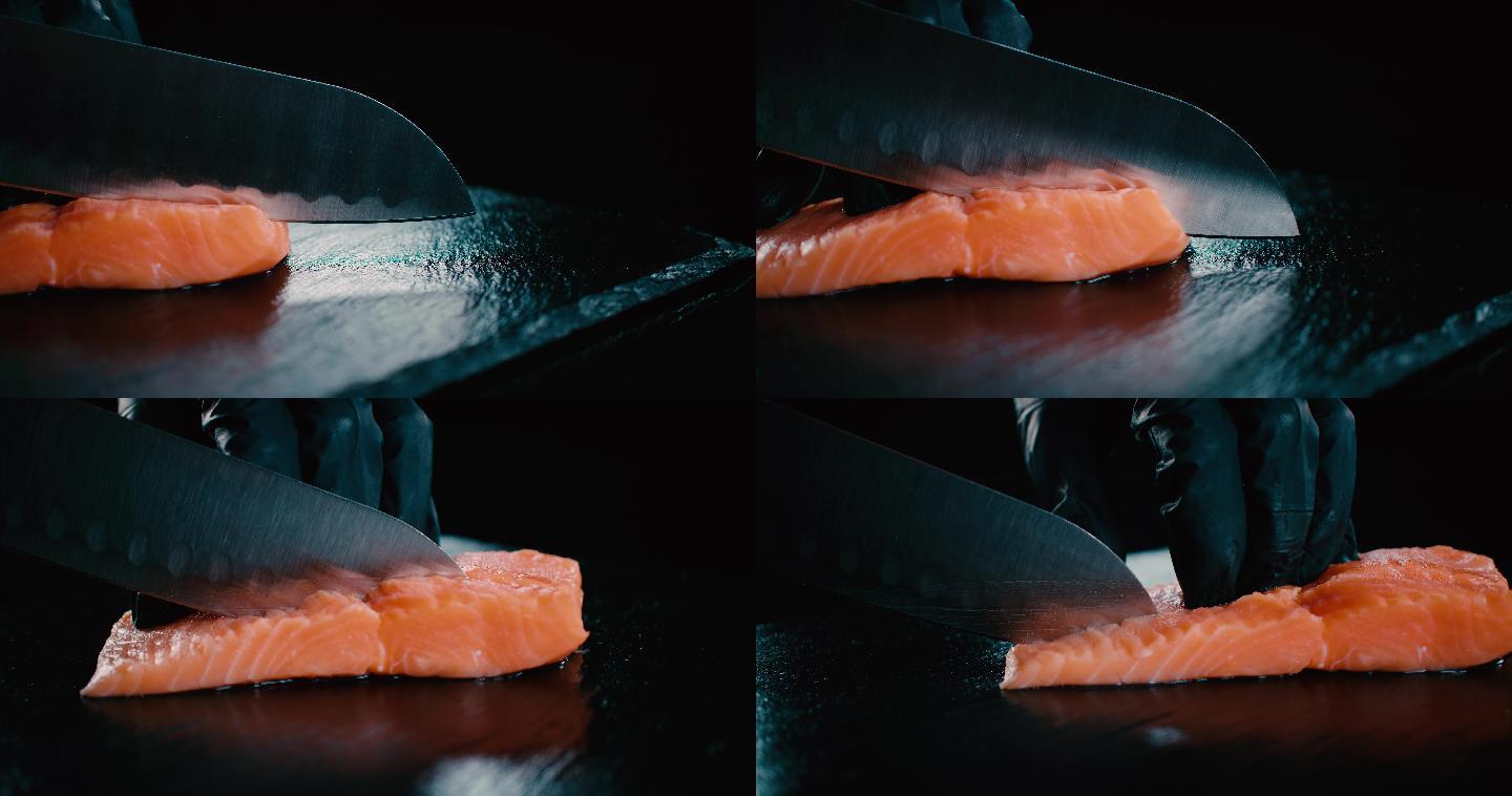 切割新鲜三文鱼菜刀切鱼肉营养价值撒蒙鱼