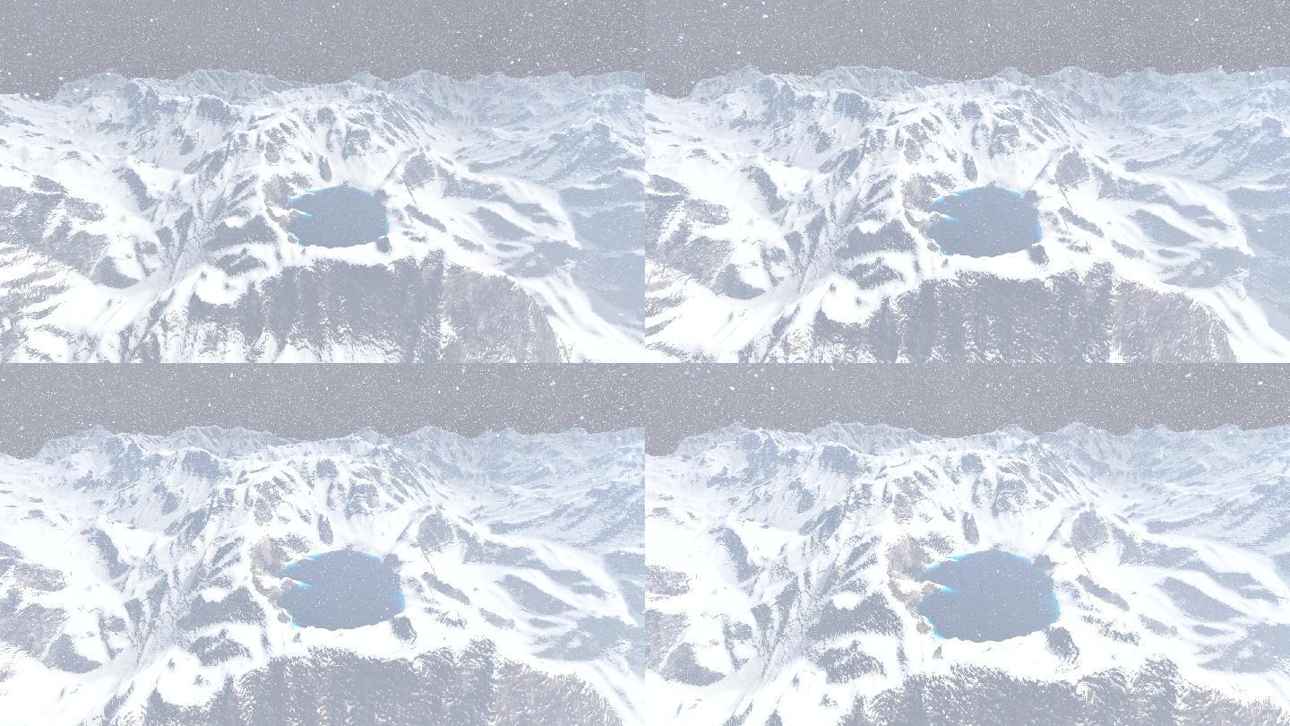 高山湖泊山脉云层下雪三维动画