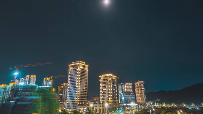 横琴夜景明月航拍前行延时城市粤澳合作区