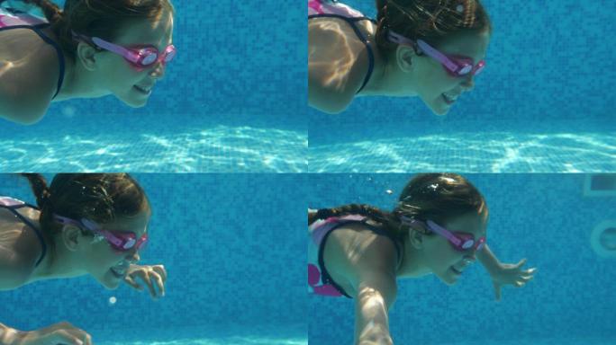 在游泳的小女孩国外外国泳池练习学习