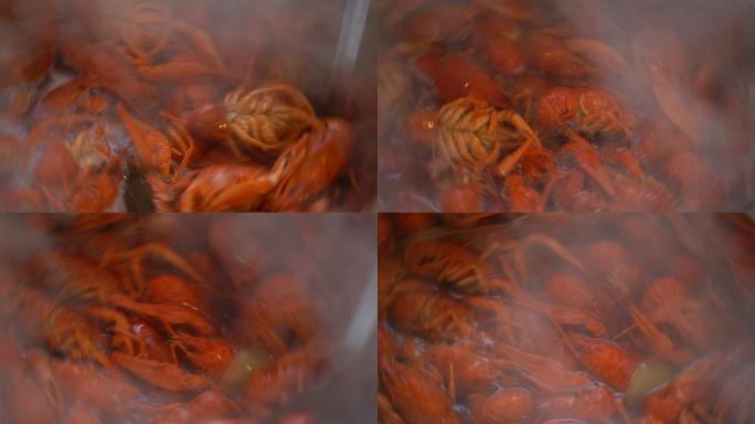 煮小龙虾特写镜头。