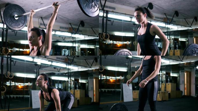 在锻炼的女人健身房器械力量训练杠铃举重